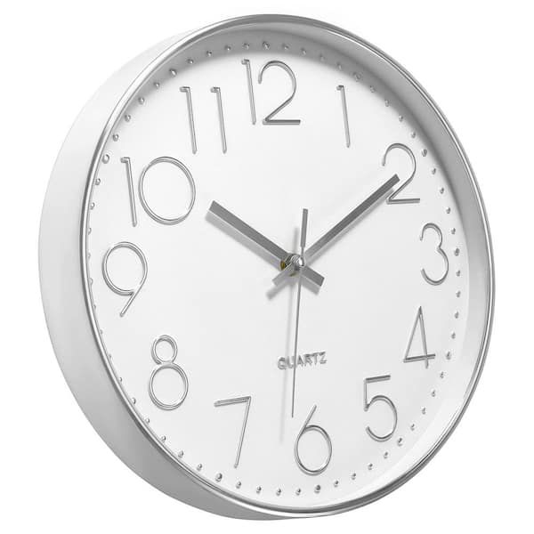 Afoxsos 12 in. Silver  and  White Analog Plastic Battery Operated Silent Non-ticking Wall Clock