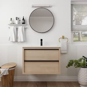 24 in. W x 18 in D. x 21 in. H Wall Bath Vanity in Plain Light Oak with White Ceramic Top and Sink, 2 Soft Close drawers