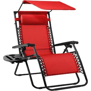 Folding Outdoor Recliner Lounge Chair with Adjustable Canopy Shade, Headrest,  Red