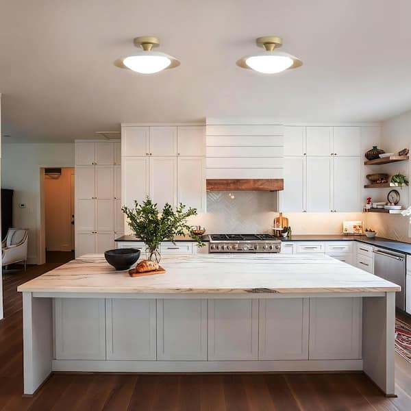 11.8 in.1-Light Gold Industrial LED Semi-Flush Mount with White Metal Dome Shade and Bulb Included