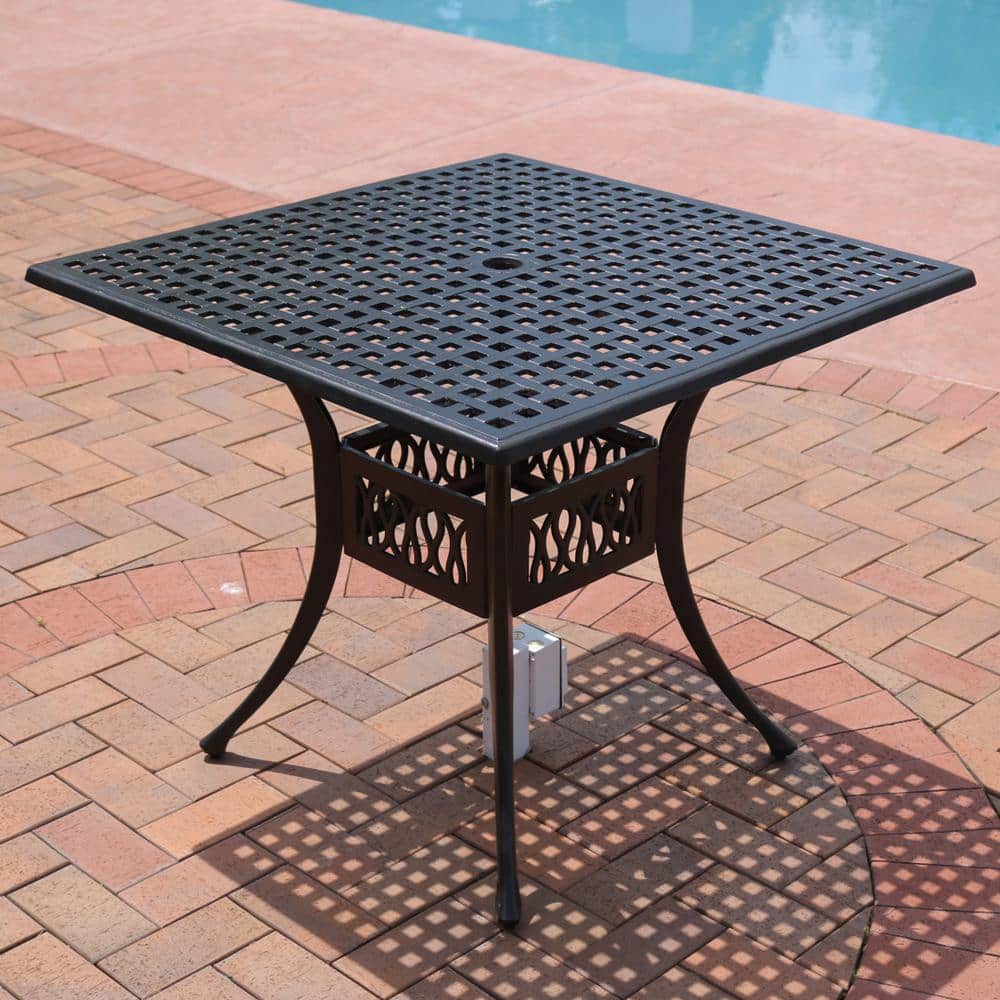 Black Cast Aluminum Square Outdoor Dining Table with Umbrella Hole