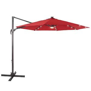 10 ft. Solar LED Red Cantilever Patio Umbrella with Cross Base, Outdoor Offset Hanging 360°