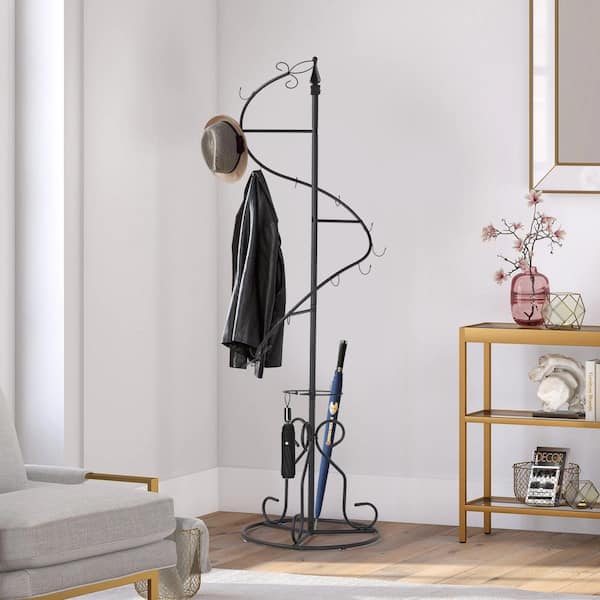 VECELO Coat Rack with 3 Shelves & Metal Basket & 8 Dual Hooks, Freestanding Floor Coat Hanger Entryway Hallway Hall Trees, Antique Brown