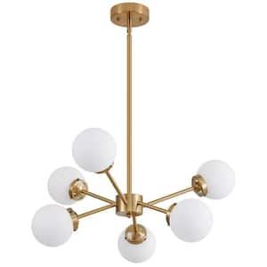 Modern Chandeliers 6-Light Vintage Gold Sputnik Chandelier for Living Room, Ceiling Lights with Glass Shade
