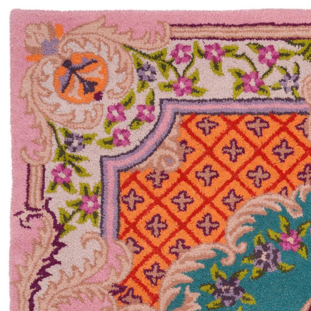 Handmade Tufted Medallion 5' Square Rug in Blue/Pink Wool & Viscose