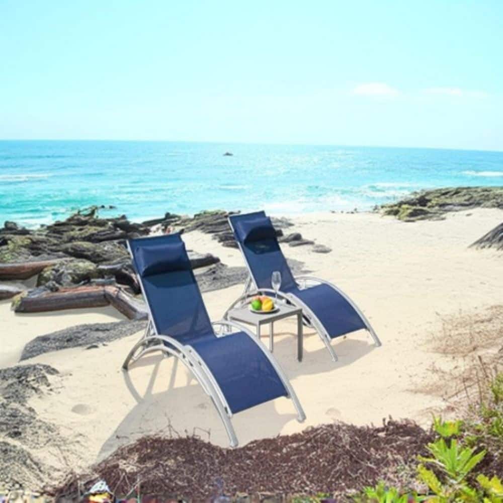 Beach Lounge Chair 3-Piece Set, Adjustable Aluminum Lounge Chair with Side Table (Blue, 2 Lounge Chairs + 1 Table) price history on PriceWatchPro