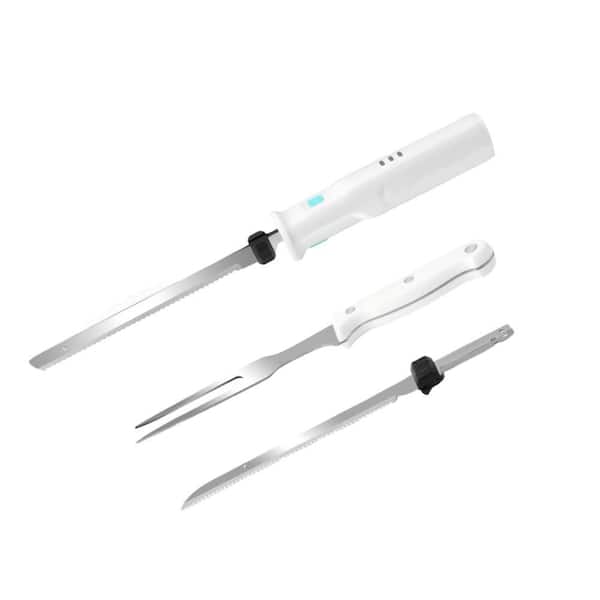 8 in. White Cordless Electric Knife Set for Meat Slicing, Rechargeable Carving Knife with Stainless Steel Blades