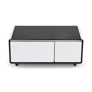 41 in. White Rectangle Tempered Glass Smart Coffee Table with Fridge Wireless Charging, USB, Electric outlet