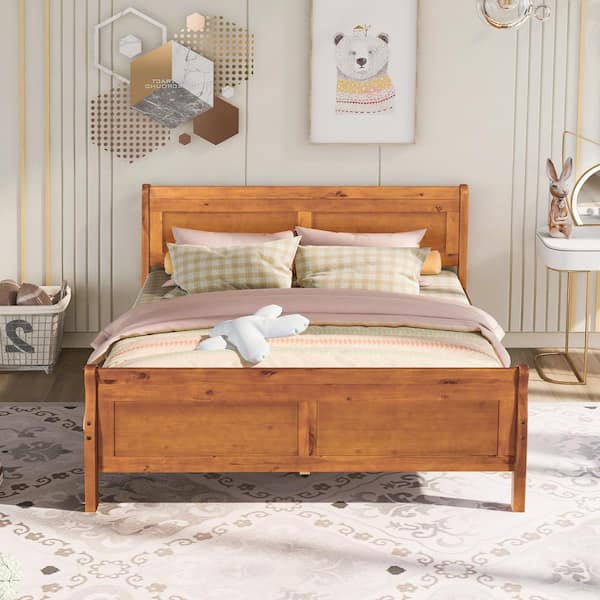 62.50 in. W Walnut Queen Solid Wood Sleigh Bed with Headboard and Wood Slat Support