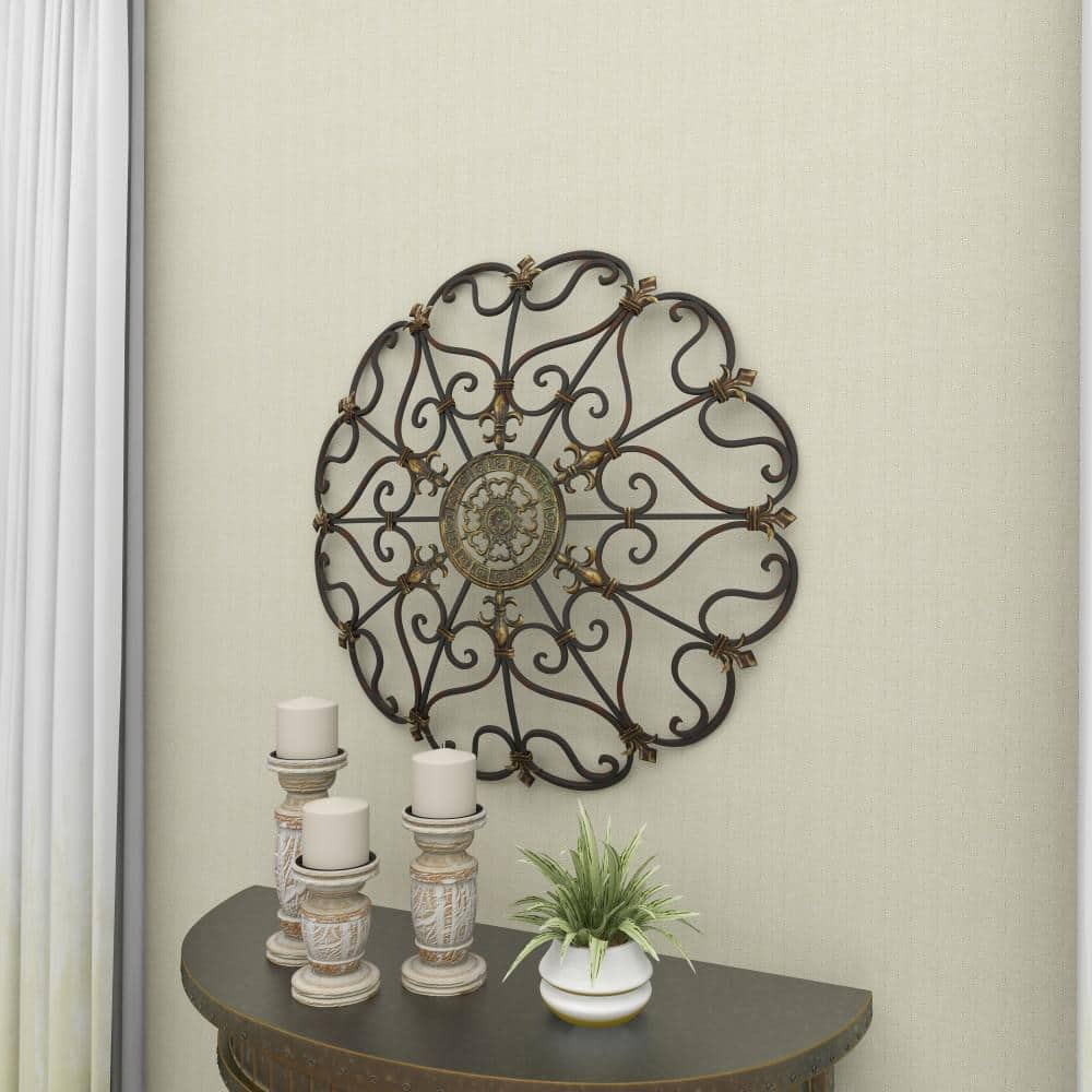 Bronze Ornate Scrollwork Round Metal Wall Decor, 29"