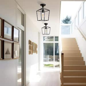 1-Light Black Modern Industrial Cage Semi Flush Mount Ceiling Light for Hallway Bedroom Farmhouse Kitchen Entryway Hall