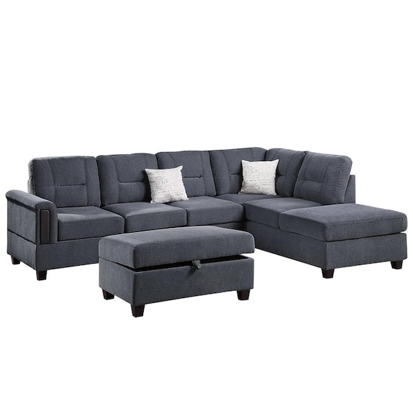 Venetian Worldwide Mickenna 78 in. Reversible 3-Piece Sectional Linen with Storage Ottoman in Charcoal