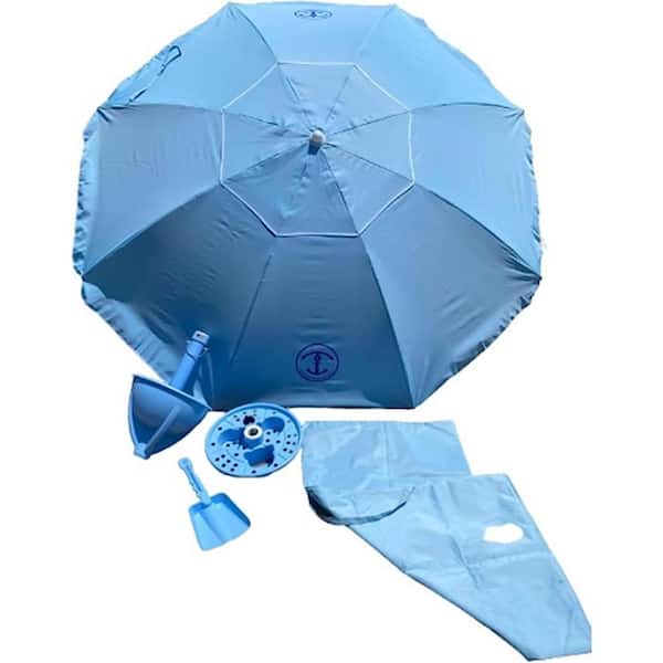 Anchor Works All-In-One Beach Umbrella System - Includes AnchorONE Sand Anchor, 7.5 foot Umbrella (50+ UPF) - Sky Blue