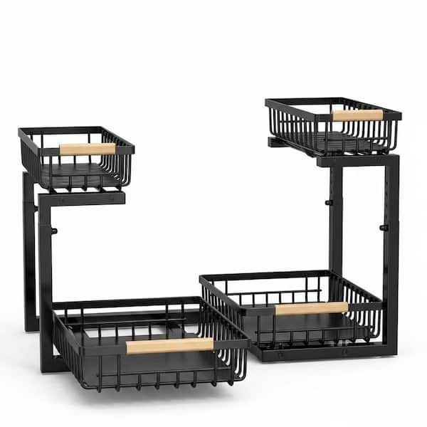 Adjustable Height 2 Tier Pull Out Under Sink Organizer for Kitchen Cabinet in Black 2PCS