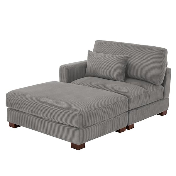 Uixe Light Gray Corduroy Polyester Upholstered Sectional Left Arm Facing Chaise Lounge with Ottoman