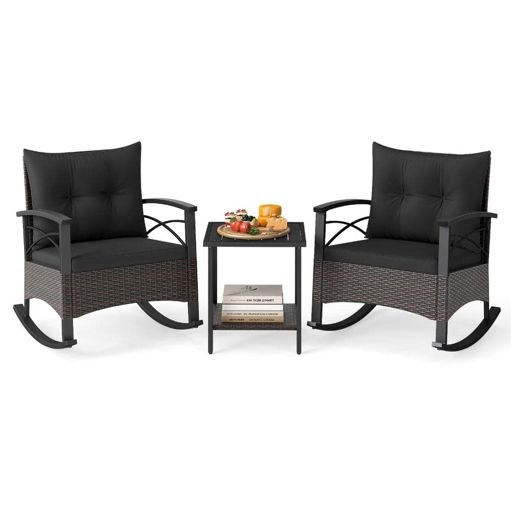 3-Piece PE Rattan Patio Rocking Bistro Set with Cushions and Acacia Wood Table, Black price history on PriceWatchPro