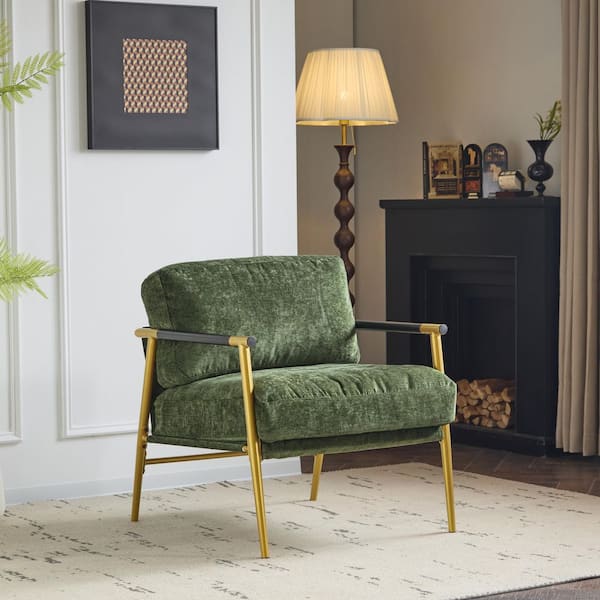 Modern Upholstered Accent Chair Armchair with Gold Metal and Solid Wood Frame, Green