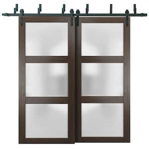 2552 36 in. x 80 in. 3 Panel Brown Finished Wood Sliding Door with Bypass Barn Hardware