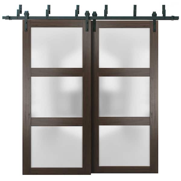 Sartodoors 2552 56 in. x 96 in. 3 Panel Brown Finished Wood Sliding Door with Bypass Barn Hardware