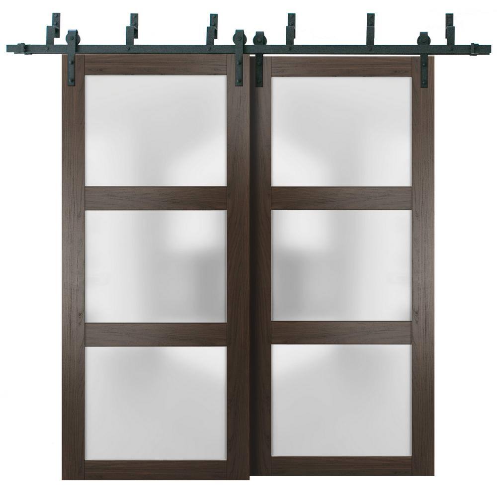 84 in. x 96 in. 3 Panel Brown Finished Wood Sliding Door with Bypass Barn Hardware price history on PriceWatchPro