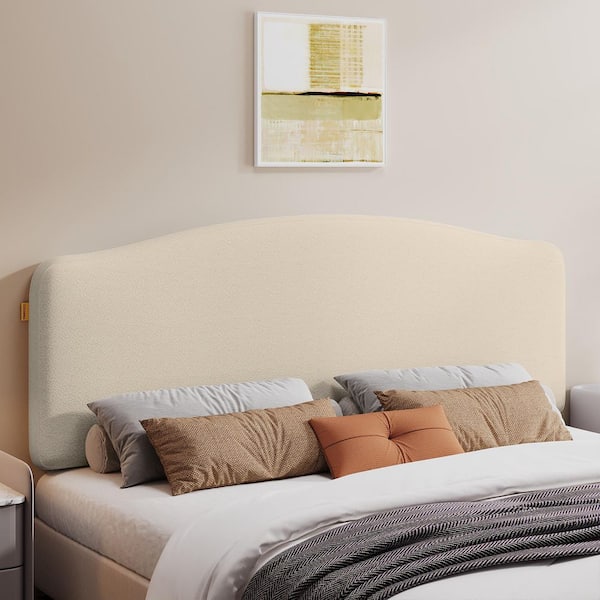 Beige Curved Upholstered Headboard Queen with Adjustable Height and Easy Plug-in Mount, Scratch-Resistant Towel Velvet