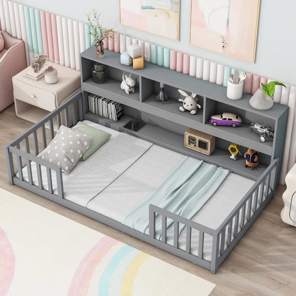 Gray Wood Frame Twin Size Platform Bed with Bedside Bookcase and Guardrails