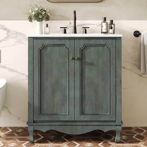 30 in. Single Sink Freestanding Antique Blue Bath Vanity with White Ceramic Top and Door Storage Cabinet Unassembled