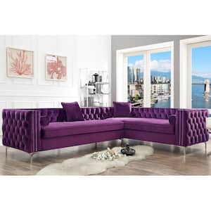 Olivia Purple/Silver Velvet 4-Seater L-Shaped Right-Facing Sectional Sofa with Nailheads