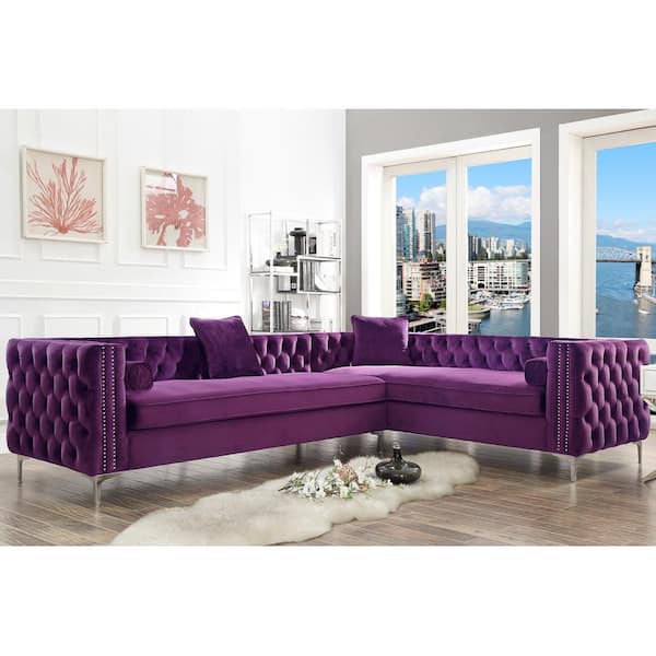 Inspired Home Olivia Purple/Silver Velvet 4-Seater L-Shaped Right-Facing Sectional Sofa with Nailheads
