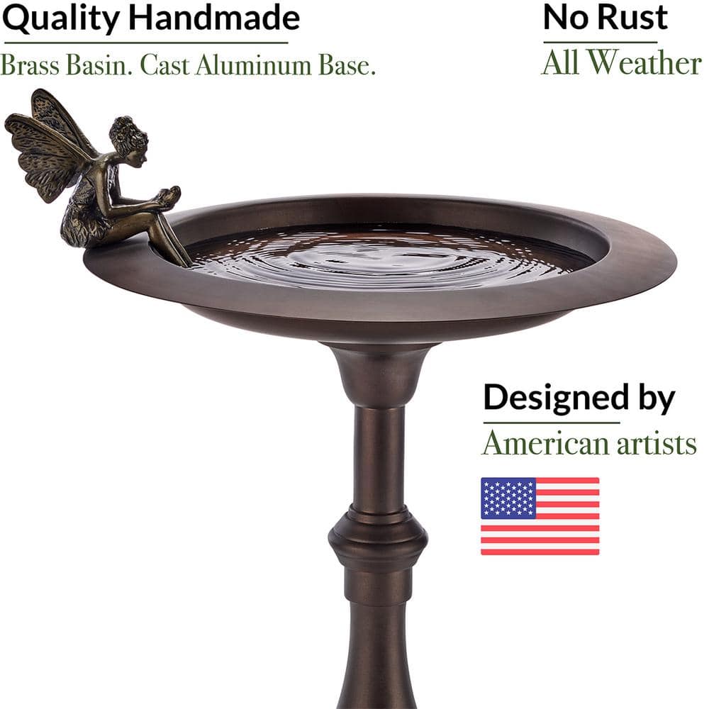 Bronze Fairy Pedestal Bird Bath with Brass Basin
