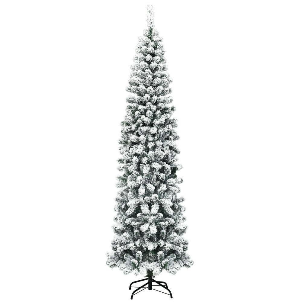 ANGELES HOME 7.5 ft. Green Unlit Hinged Snow Flocked Artificial Pencil Christmas Tree with 641 Tips