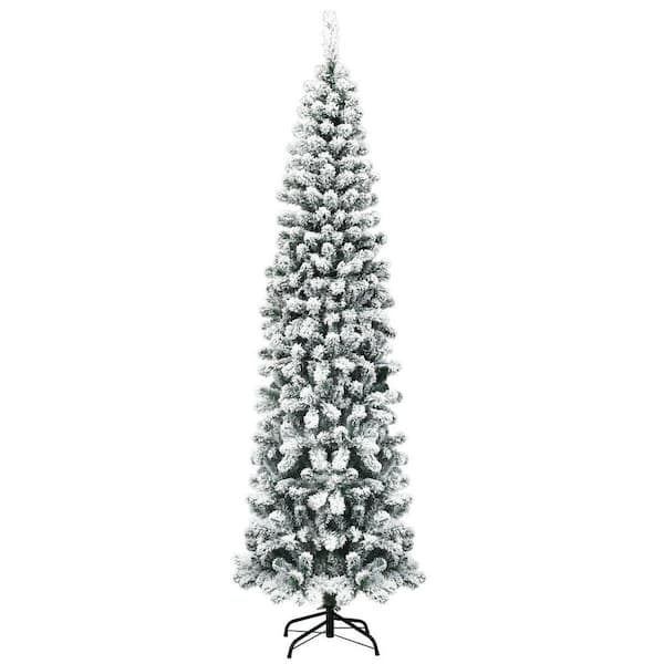 7.5 ft. Green Unlit Hinged Snow Flocked Artificial Pencil Christmas Tree with 641 Tips