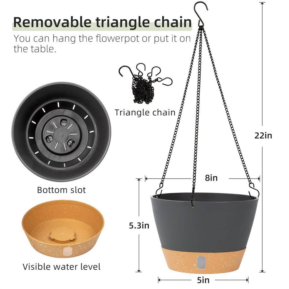 Dark Gray and Beige Plastic Hanging Planter with Reservoir Tray, 8-inch, 2-Pack