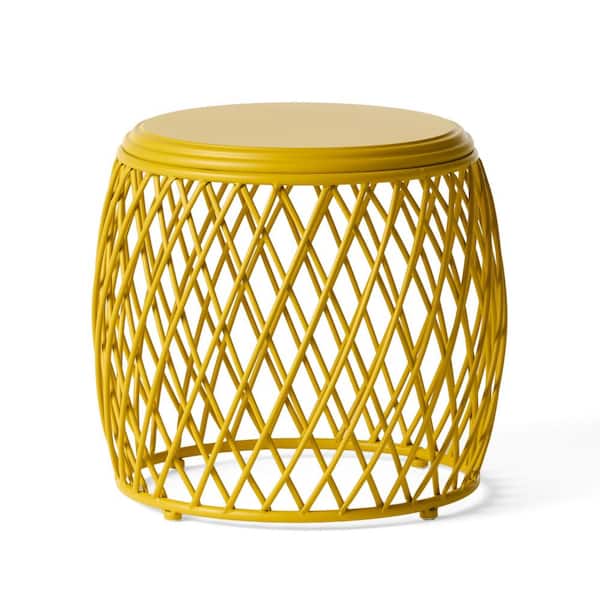 Unbranded Lattice Design Yellow Round Iron Outdoor Side Table, for Decor Home Office Patio Poolside, No Assembly Required