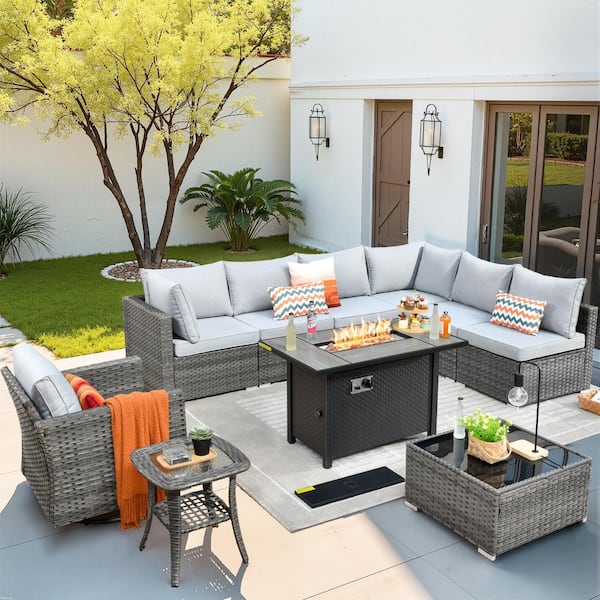 HOOOWOOO Messi Gray 10-Piece Wicker Outdoor Patio Conversation Sectional Sofa Set with a Metal Fire Pit and Light Gray Cushions