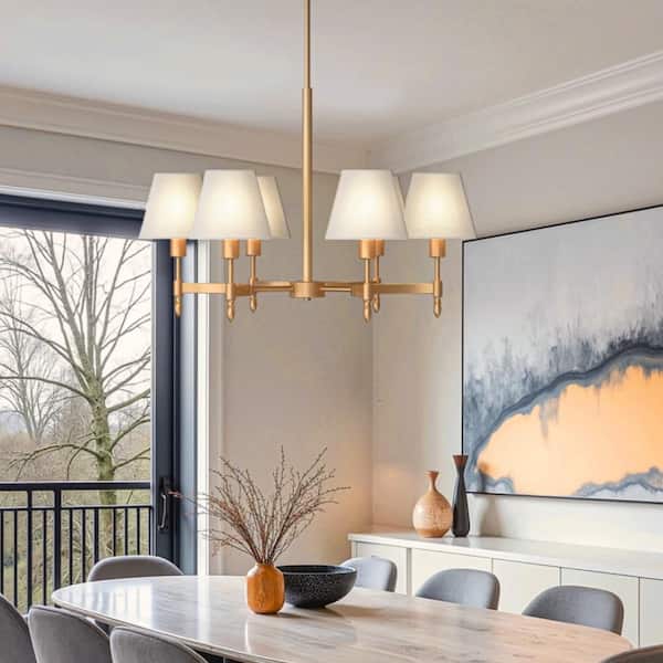 27 in. 6-Light Gold Metal Chandelier with White Linen Shades, Modern Farmhouse Ceiling Light for Dining Room Kitchen