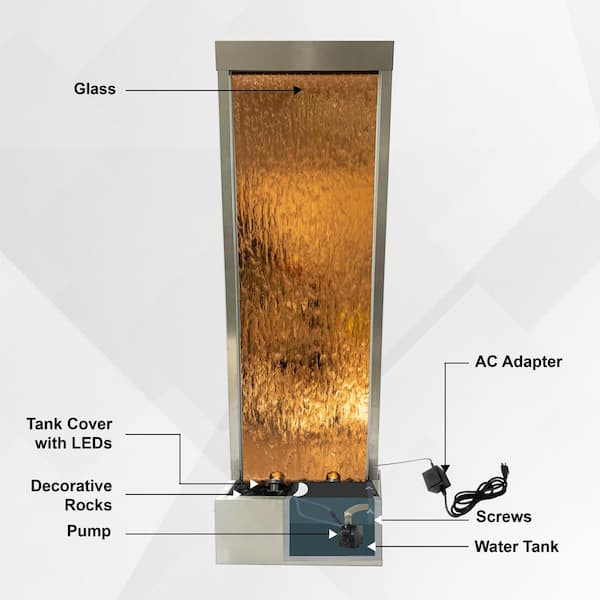 68 in. H Bronze Freestanding Waterfall Fountain w/ Decorative Rocks LED, Stainless Steel Silver Frame /Bronze Glass