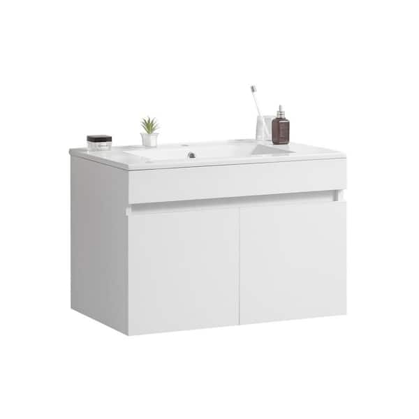 Dimakai 24 in. W Single Sink Wall Mounted Bath Vanity in White with White Ceramic Top