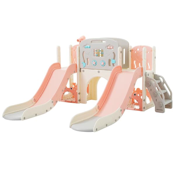 Unbranded Pink 8-in-1 Indoor, Outdoor Kids Slide Playset Structure with Slide, Arch Tunnel, Basketball Hoop and Telescope