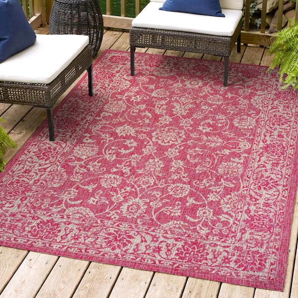 Tela Bohemian Textured Weave Floral Fuchsia/Light Gray 5 ft. x 8 ft. Indoor/Outdoor Area Rug
