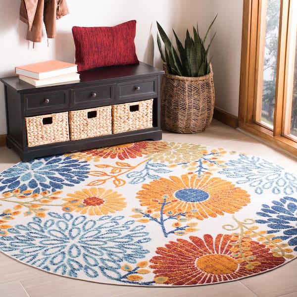 Cabana 11 ft. x 11 ft. Round Creme/Red Floral Leaf Indoor/Outdoor Area Rug
