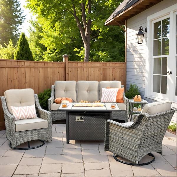 Toject Eureka Gray 5-Piece Wicker Outdoor Patio Conversation Sofa Chair Seating Set with Metal Fire Pit and Beige Cushions