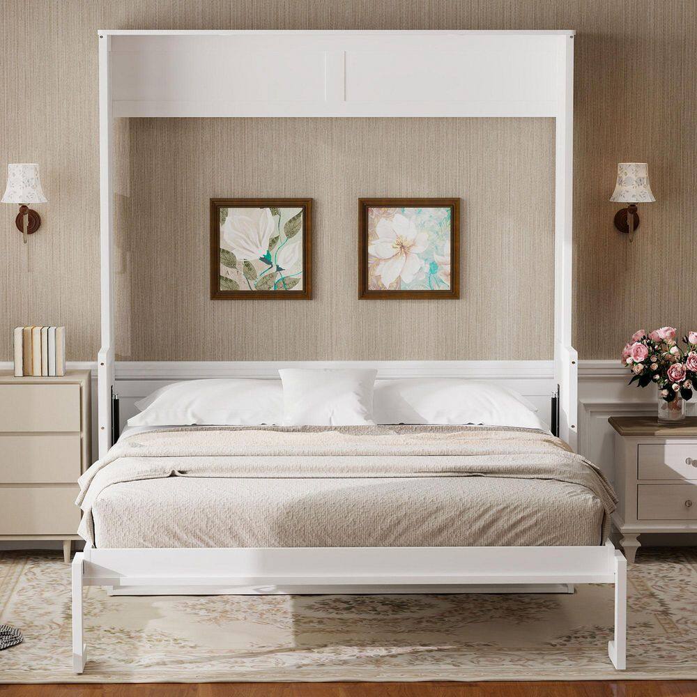 White Wood Frame Queen Murphy Bed with Desk, LED Lights and USB Charging Station - thumbnail 2