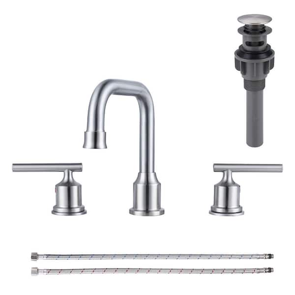 8 in. Widespread Double Handle High Arc Bathroom Faucet with Drain Kit Included in Brushed Nickel