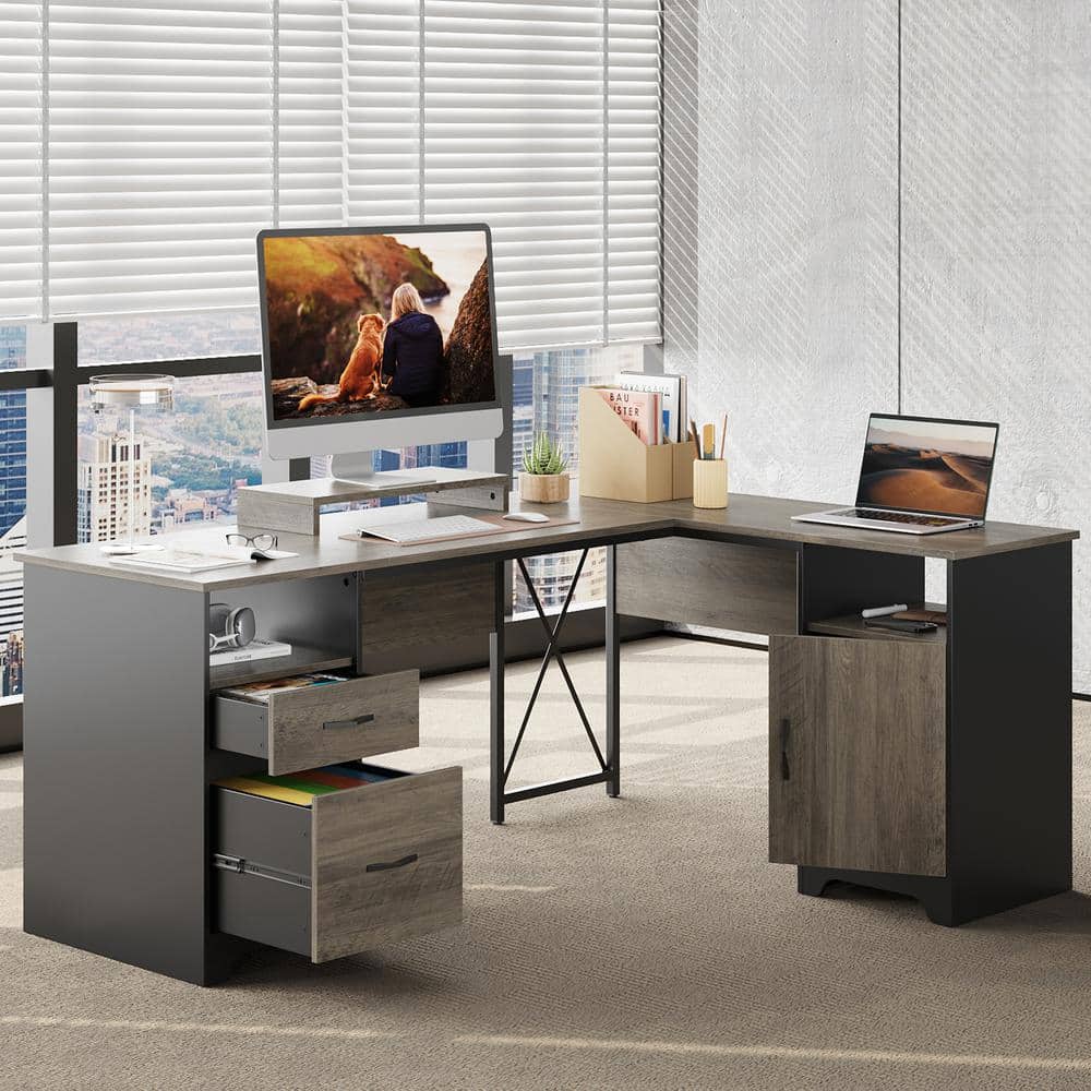 Gray L-Shaped Wood Gaming Desk with Drawers and Keyboard Tray