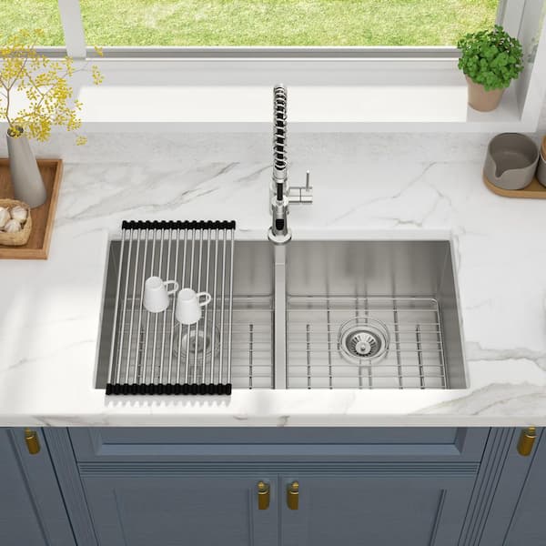 Low Divide 36 in. Undermount Workstation Kitchen Sink 50/50 Double Bowl 16-Gauge T304 Stainless Steel