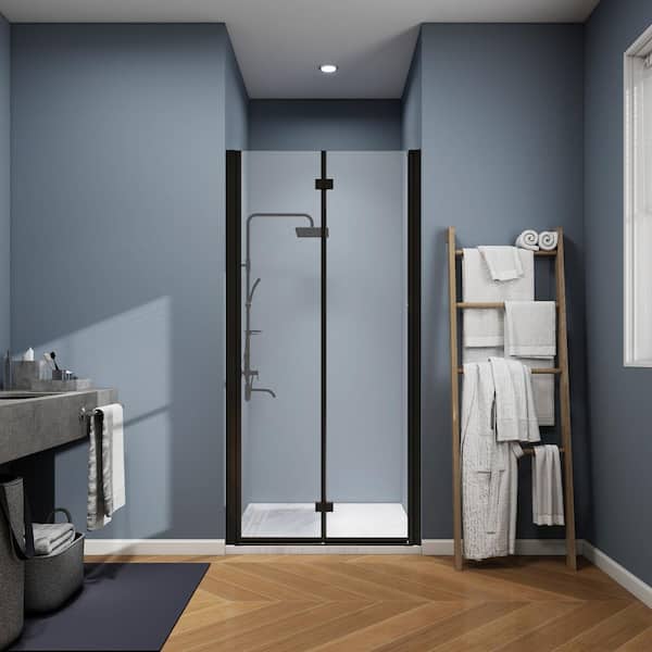 ANGELES HOME 30-31 3/8 in. W x 72 in. H Bi-Fold Semi-Frameless Shower Door in Matte Black Finish with 1/4 in. Tempered Clear Glass