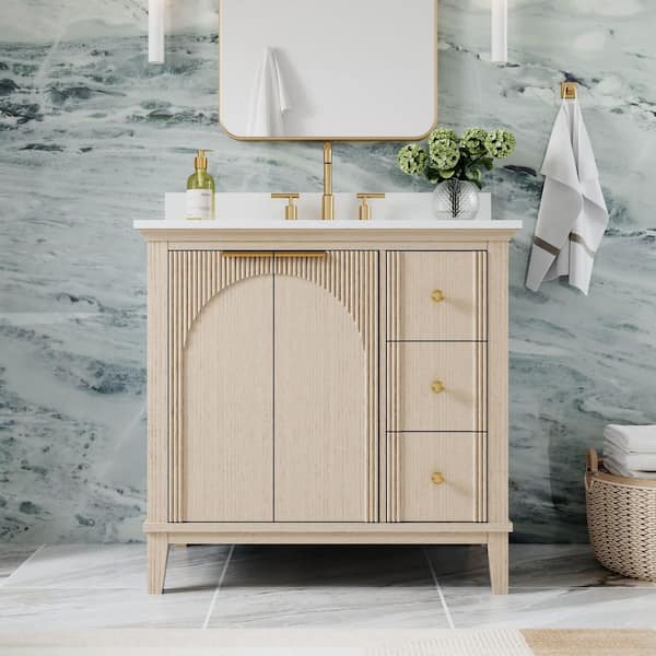 36 in. Freestanding Solid Wood Oak Bath Vanity with White Quartz Top Assembled, Soft-Close Drawers and Doors, Backsplash