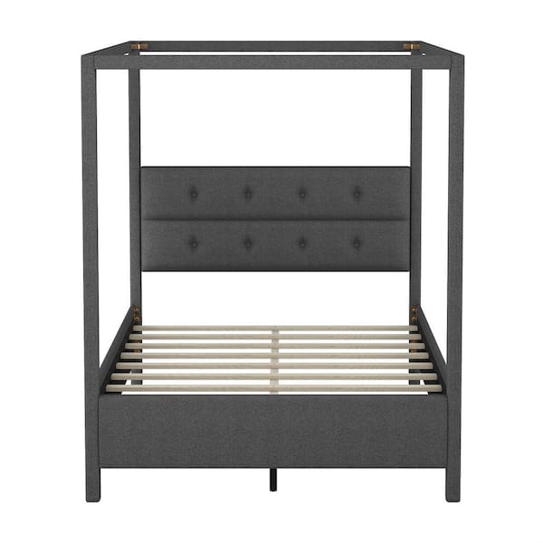Angel Sar Gray Wood Frame Queen Upholstery Canopy Bed with Tufted Headboard