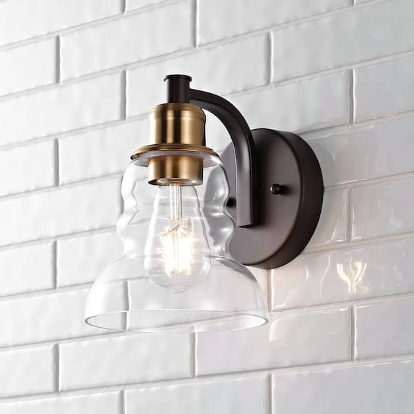 JONATHAN Y Manhattan Vintage 6.5 in. 1-Light Brass Gold/Oil Rubbed Bronze Metal/Glass Industrial Rustic LED Vanity Light